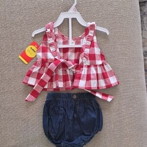 Kids Red Checkered Top and Denim Shorts Set
